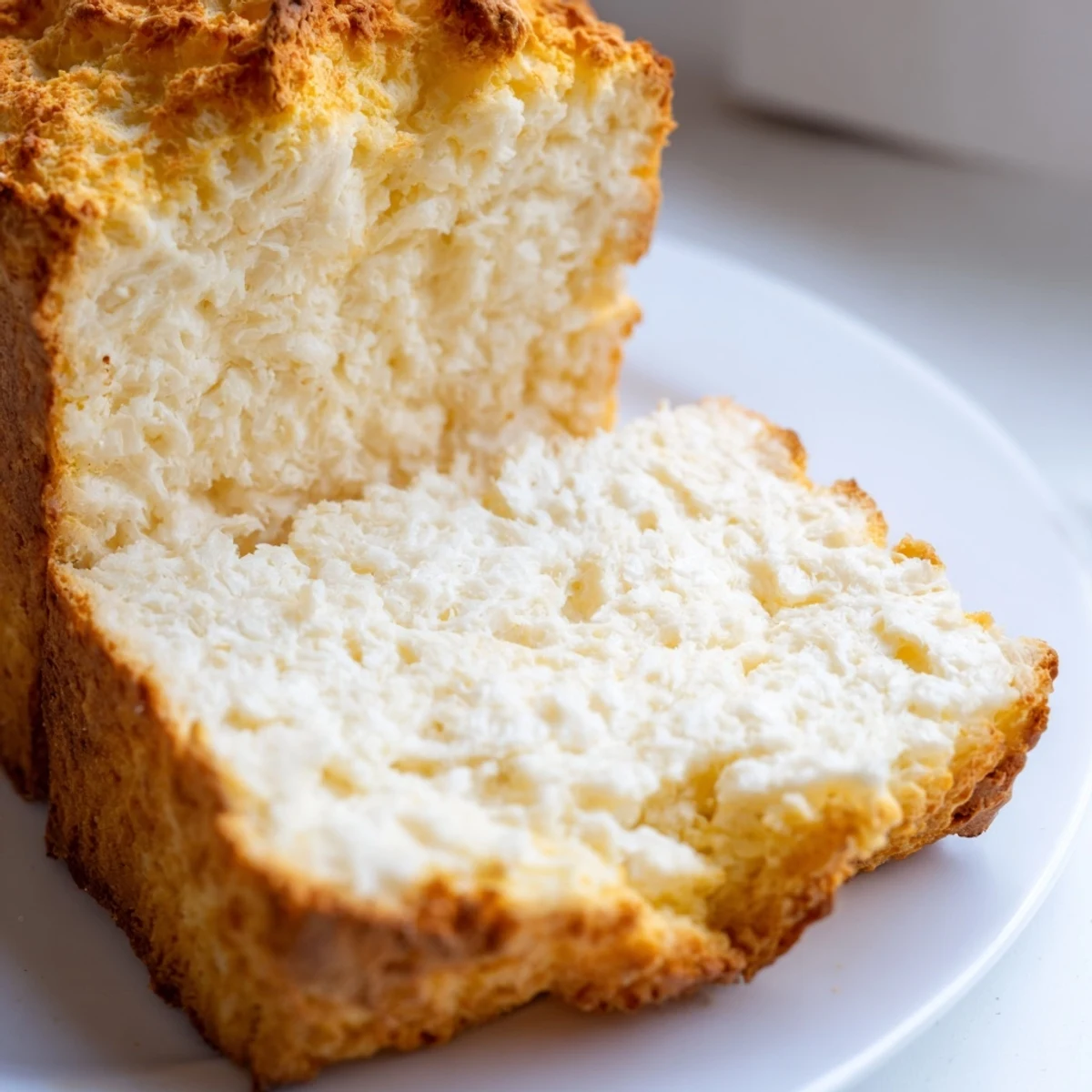 Golden brown cottage cheese loaf bread sliced on a wooden cutting board with melted butter