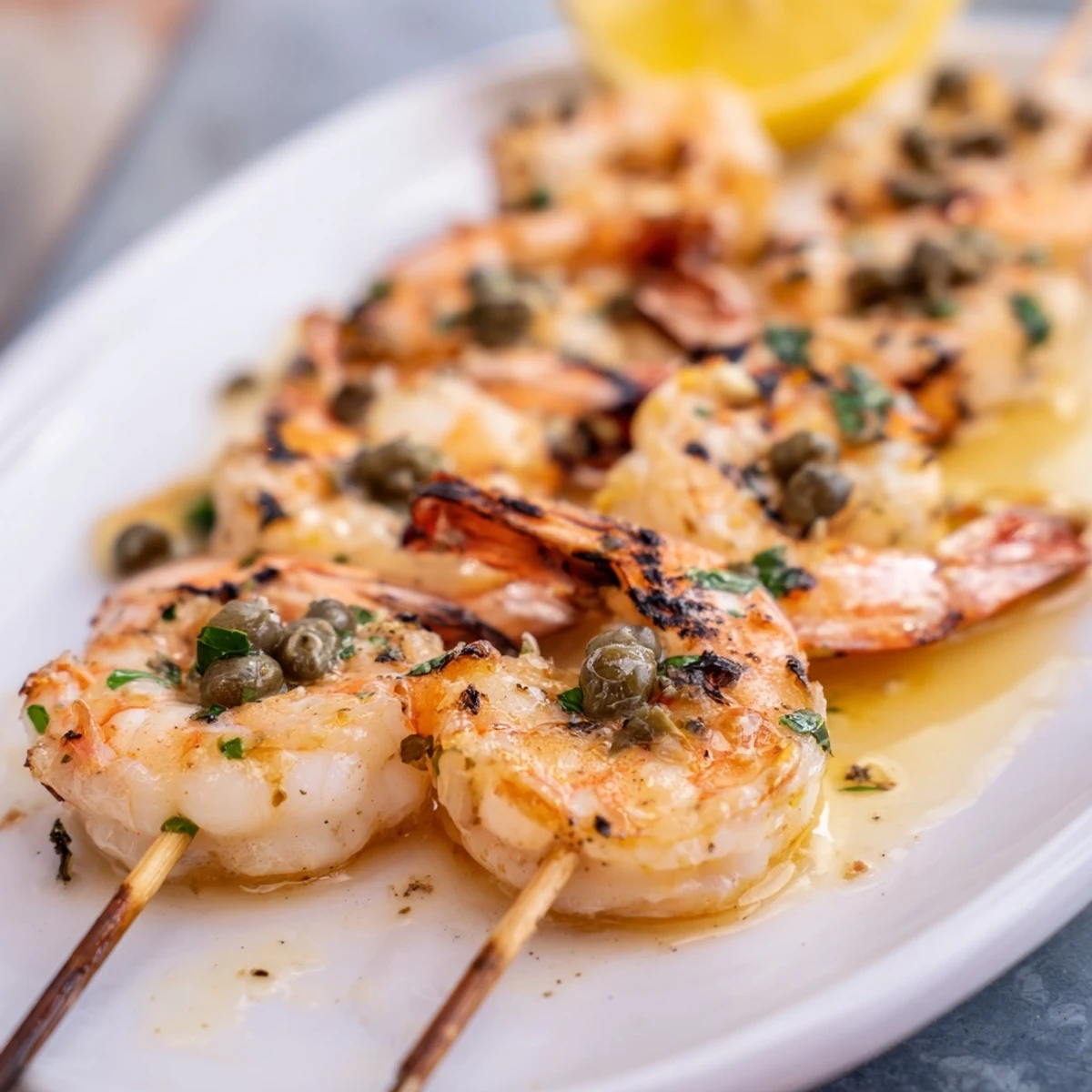 Golden grilled shrimp piccata skewers brushed with zesty lemon caper butter sauce and fresh parsley