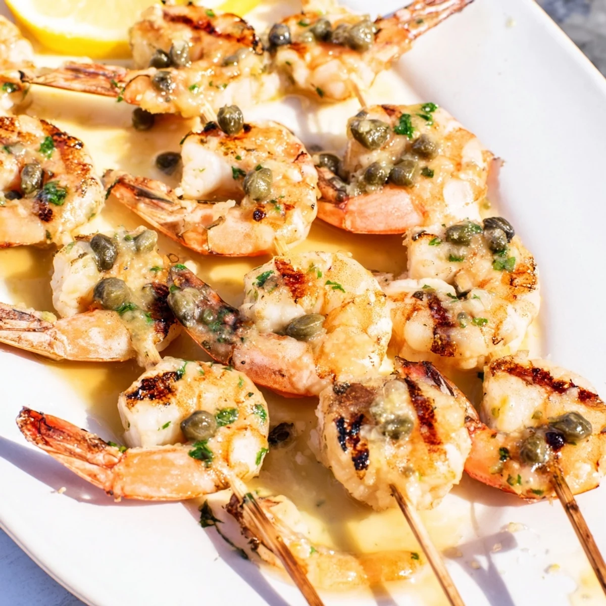 Juicy shrimp threaded on skewers grilled to perfection with tangy piccata glaze and charred edges