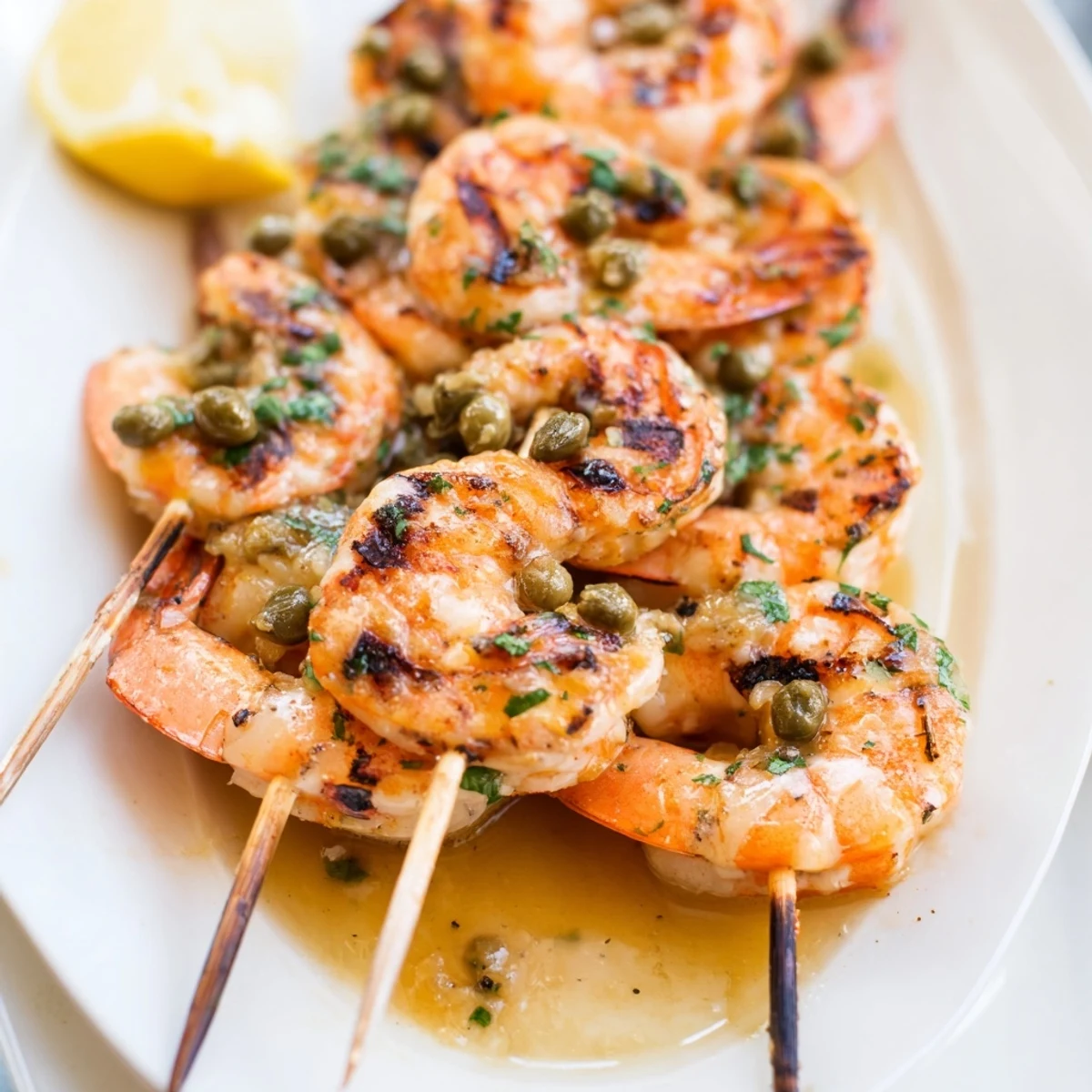 Elegant grilled shrimp piccata skewers drizzled with buttery lemon sauce and garnished with lemon wedges