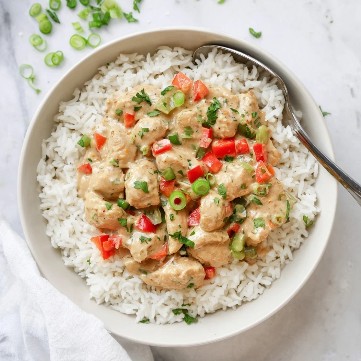 Vibrant Cajun chicken rice bowl topped with colorful bell peppers and creamy seasoned sauce