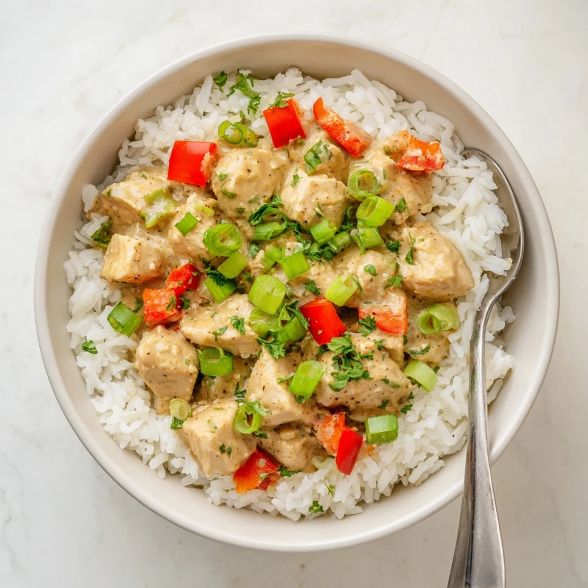 Creamy Cajun chicken rice bowl featuring tender spiced chicken in rich sauce over fluffy white rice