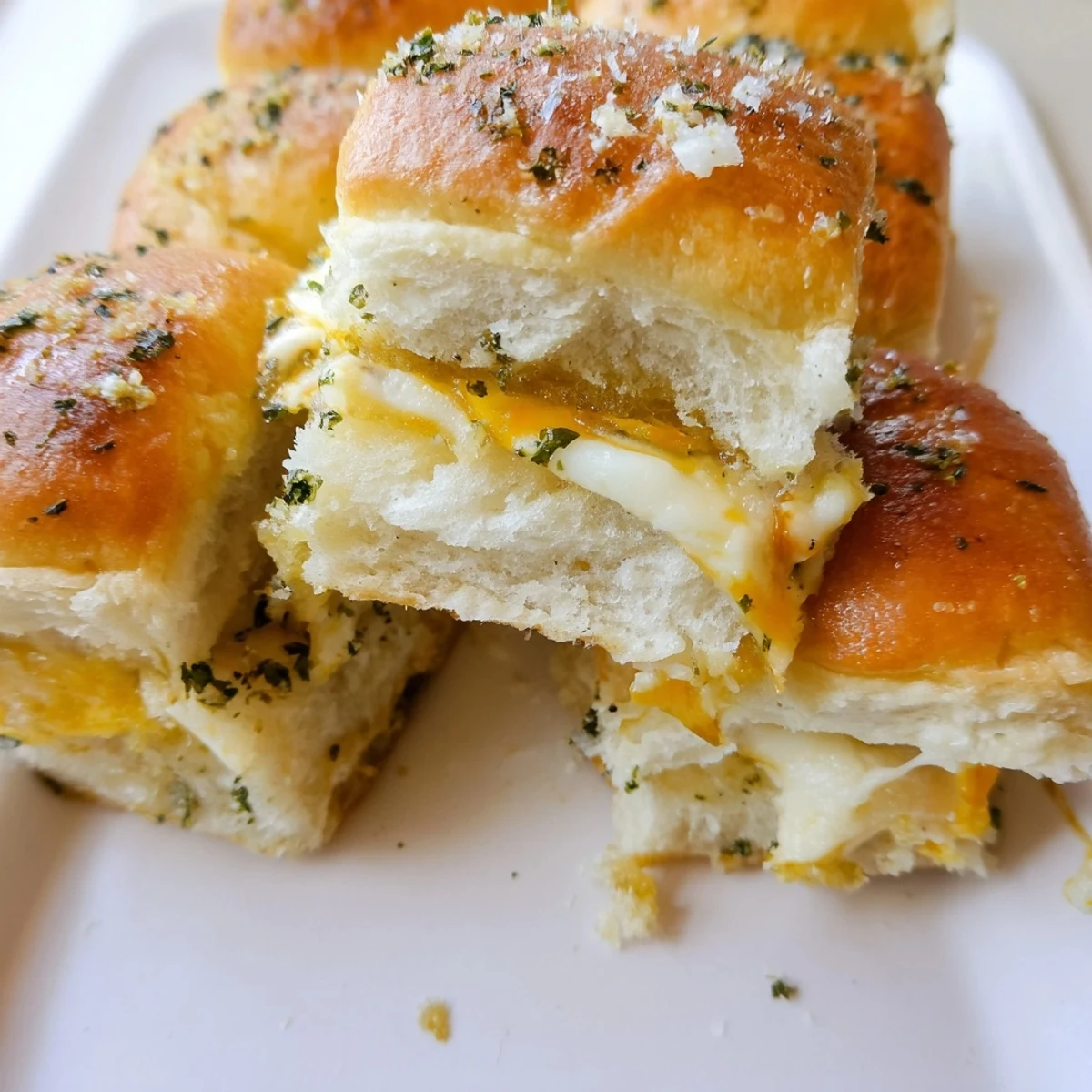 Golden brown mini grilled cheese Hawaiian rolls oozing with melted mozzarella and cheddar cheese