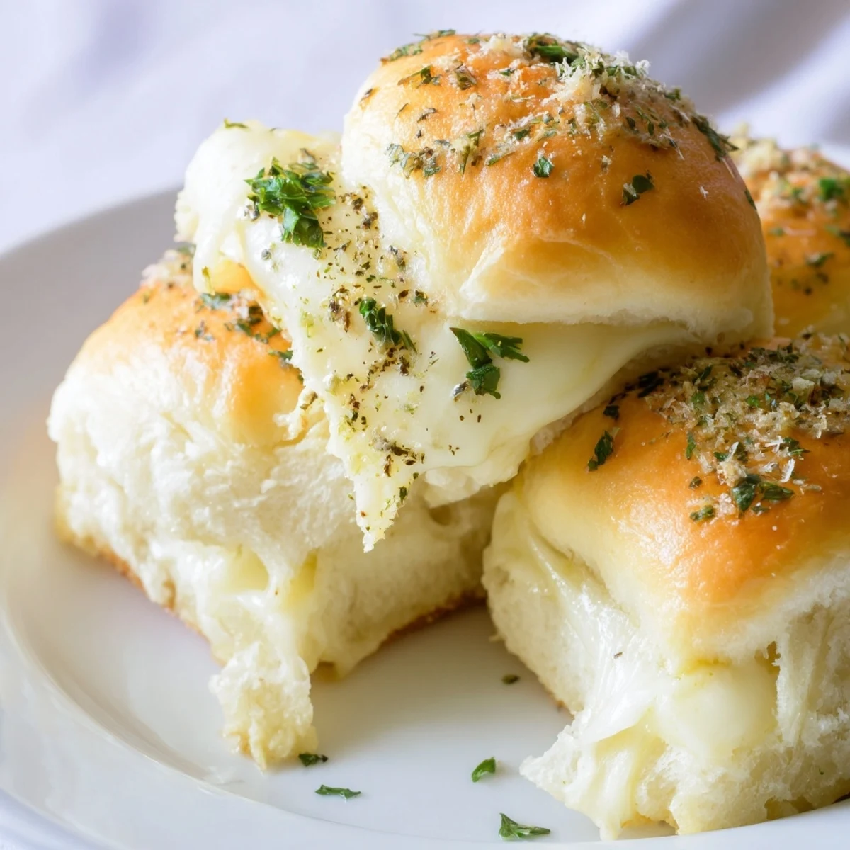 Baked Hawaiian sweet roll sliders brushed with garlic butter and stuffed with gooey cheese
