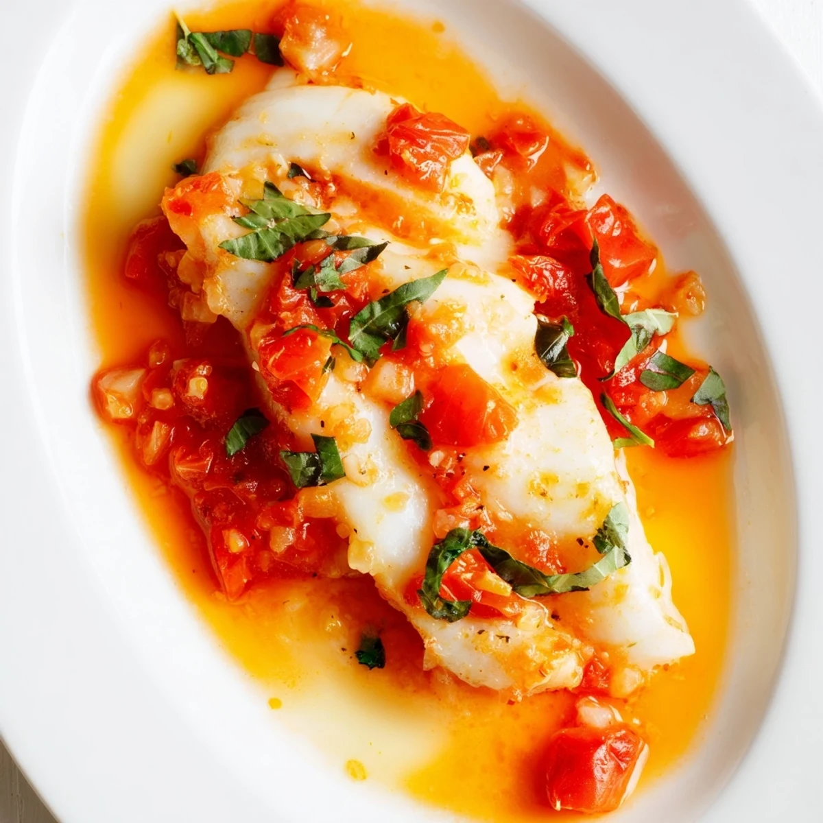 Golden pan-seared halibut fillets nestled in vibrant red tomato butter sauce with fresh basil