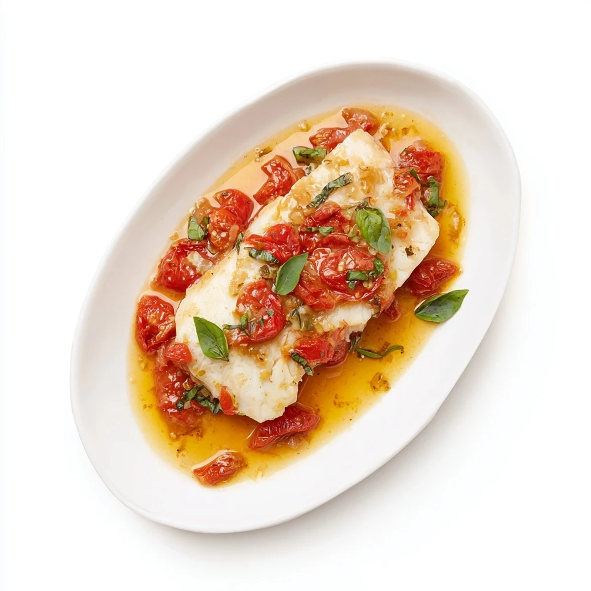 Flaky white halibut poached in rich tomato-butter sauce with grill marks and lemon wedge garnish