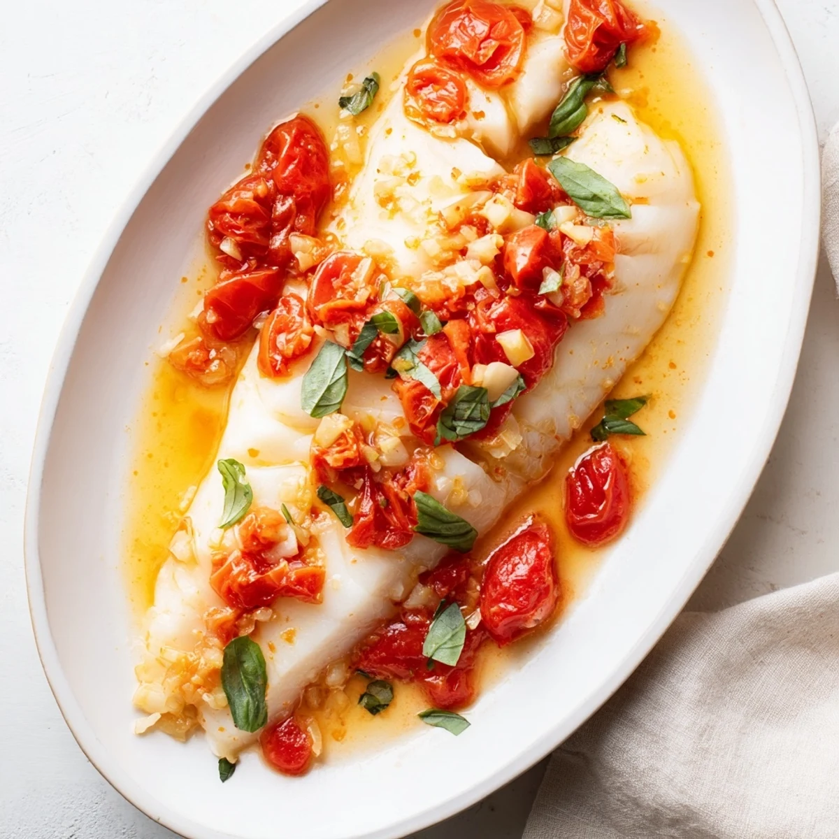 Succulent grilled halibut swimming in silky tomato butter sauce topped with fresh basil leaves