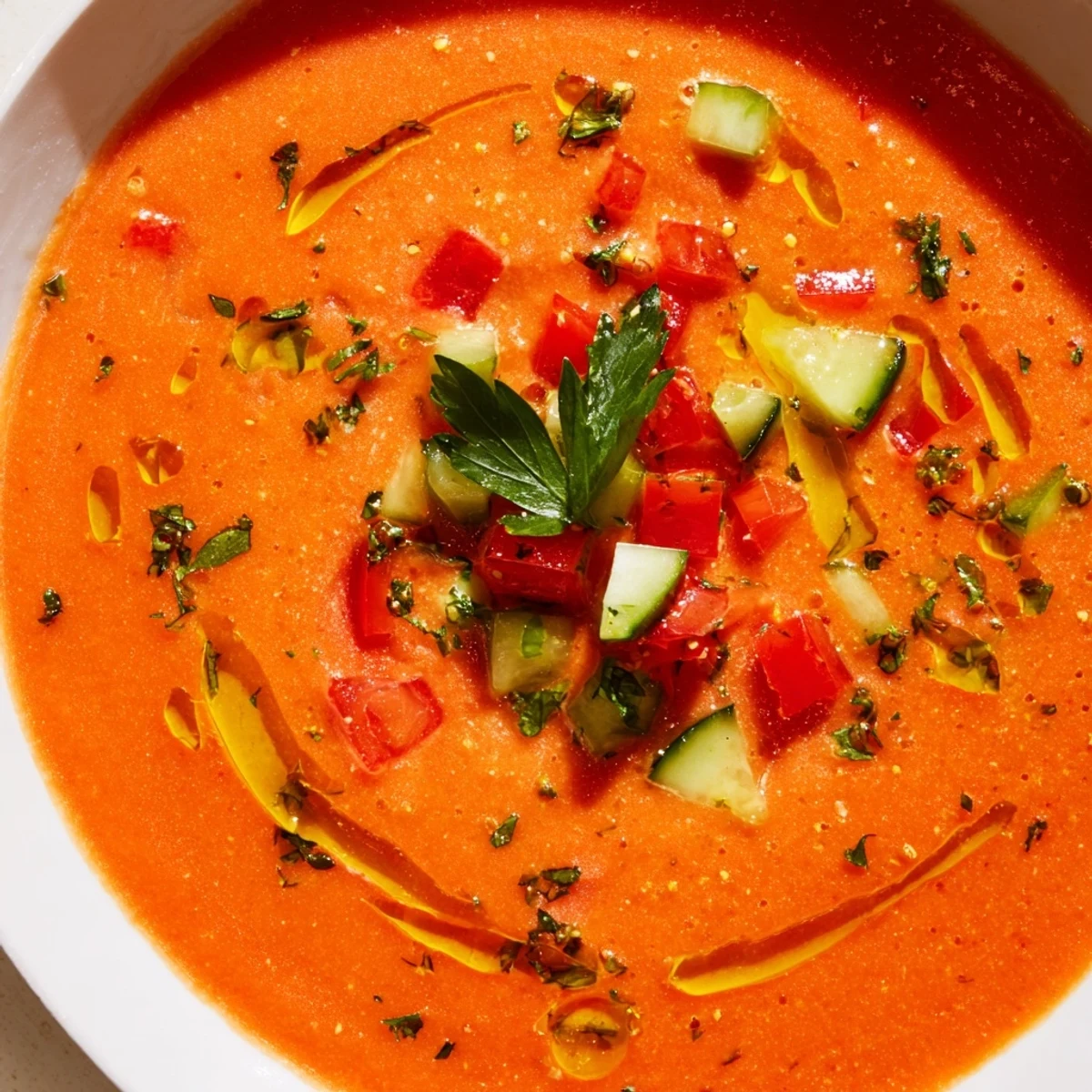 Chilled gazpacho recipe featuring vibrant red tomatoes, crisp cucumber, and colorful diced vegetable garnish in a white bowl