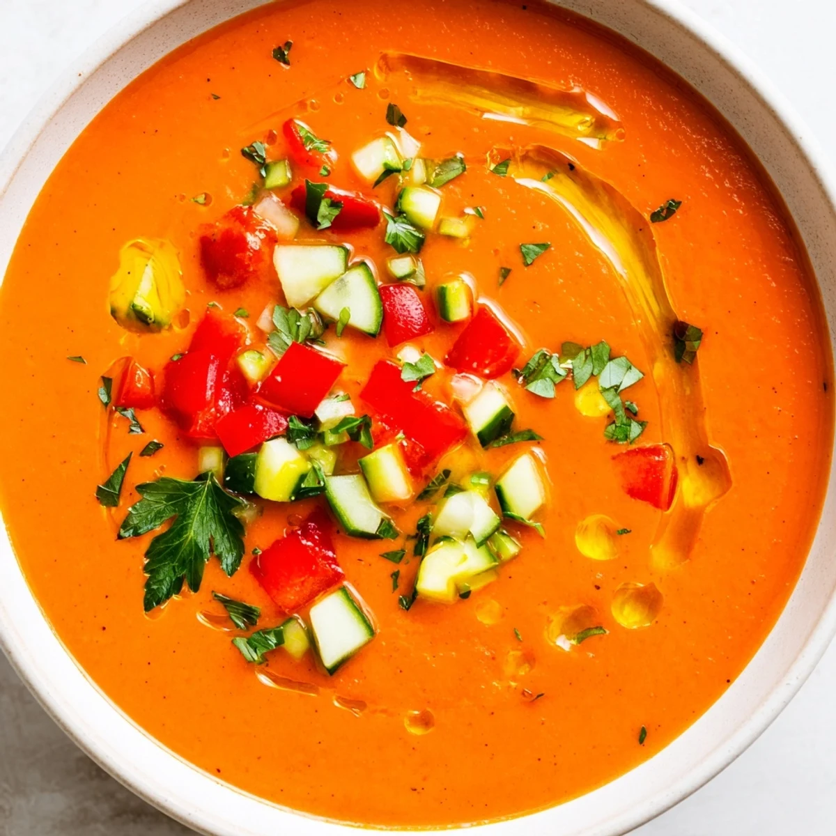 Refreshing Spanish gazpacho recipe poured into glass bowls topped with fresh herbs, diced peppers, and olive oil drizzle