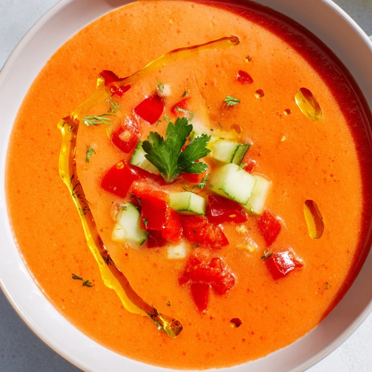 Smooth blended gazpacho recipe with rustic bread cubes and bright vegetable confetti garnish on a wooden serving board