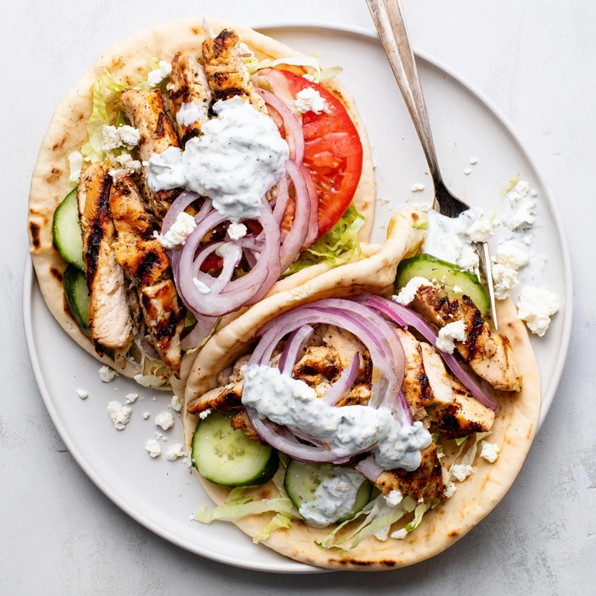 Golden Greek grilled chicken pita stuffed with fresh vegetables and creamy tzatziki sauce