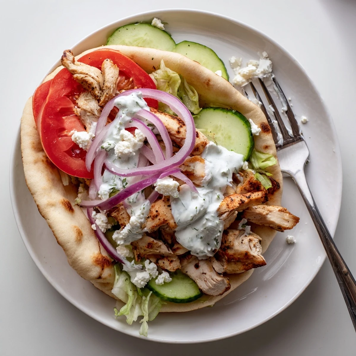 Sliced Greek grilled chicken pita sandwich layered with tomatoes, onion, and cool yogurt sauce