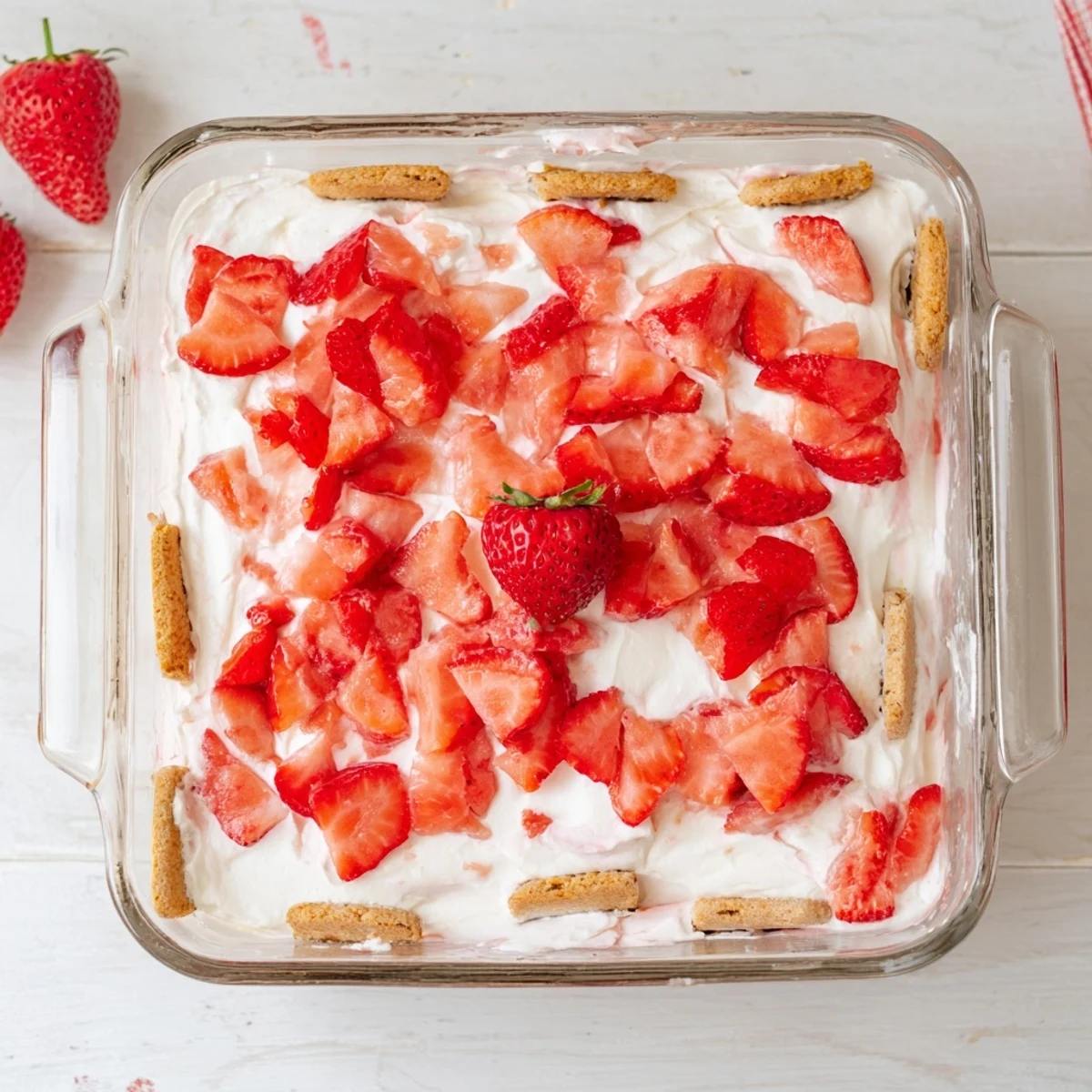 No bake strawberry shortcake dessert featuring layered cookies, whipped cream filling, and fresh juicy strawberries