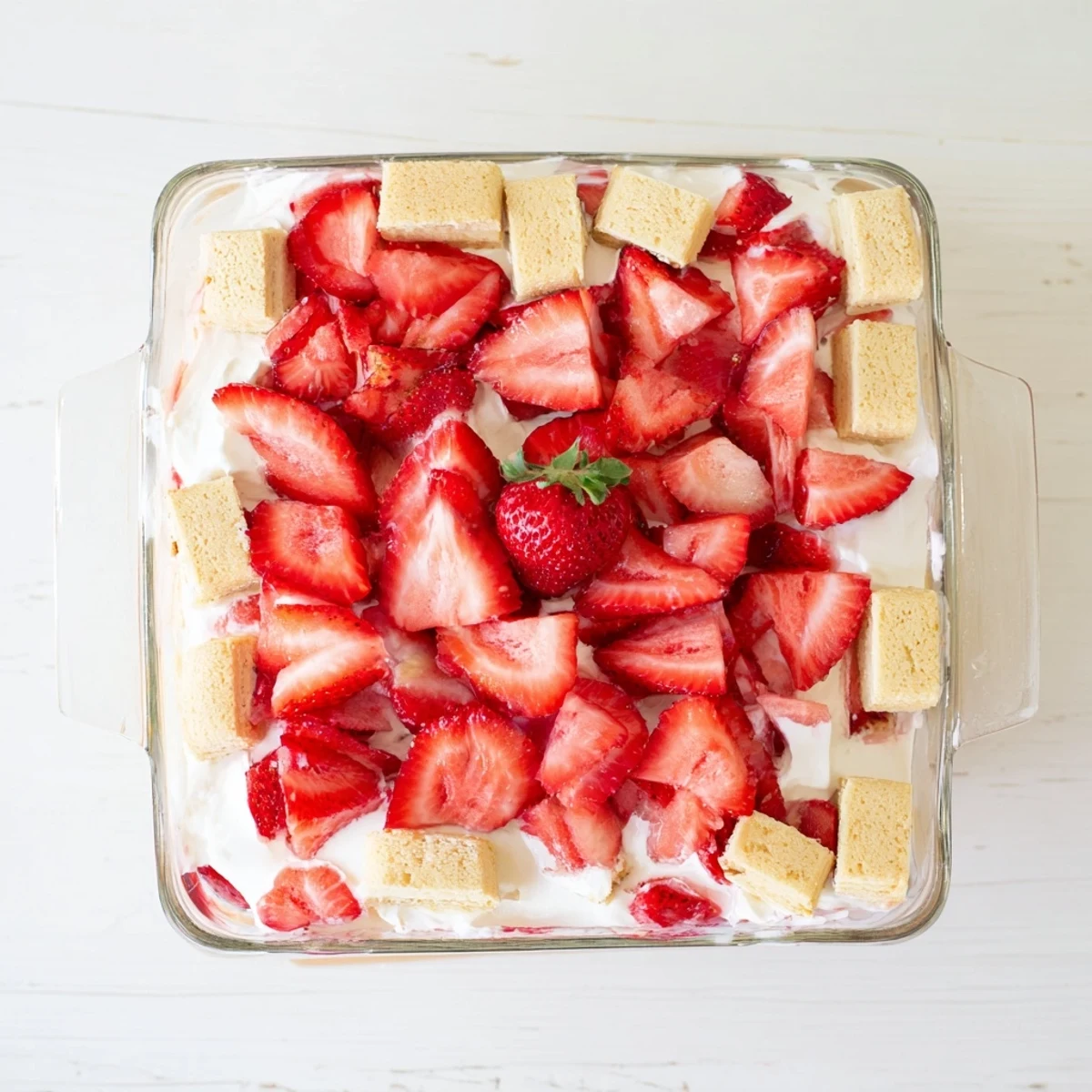 Slice of chilled strawberry shortcake dessert showing white cream cheese filling and red strawberry slices