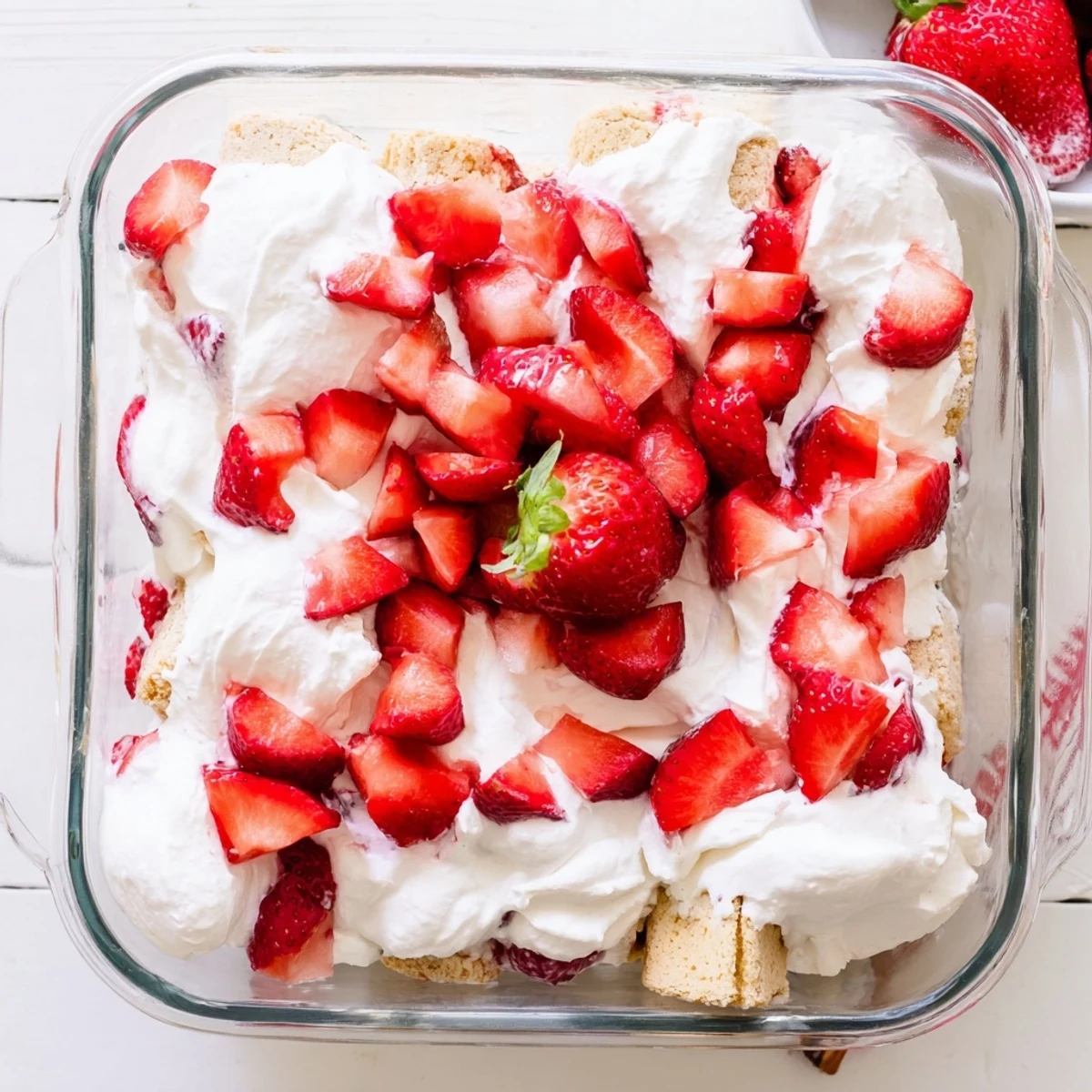 Creamy no bake strawberry shortcake square dessert topped with macerated berries and golden shortbread layers