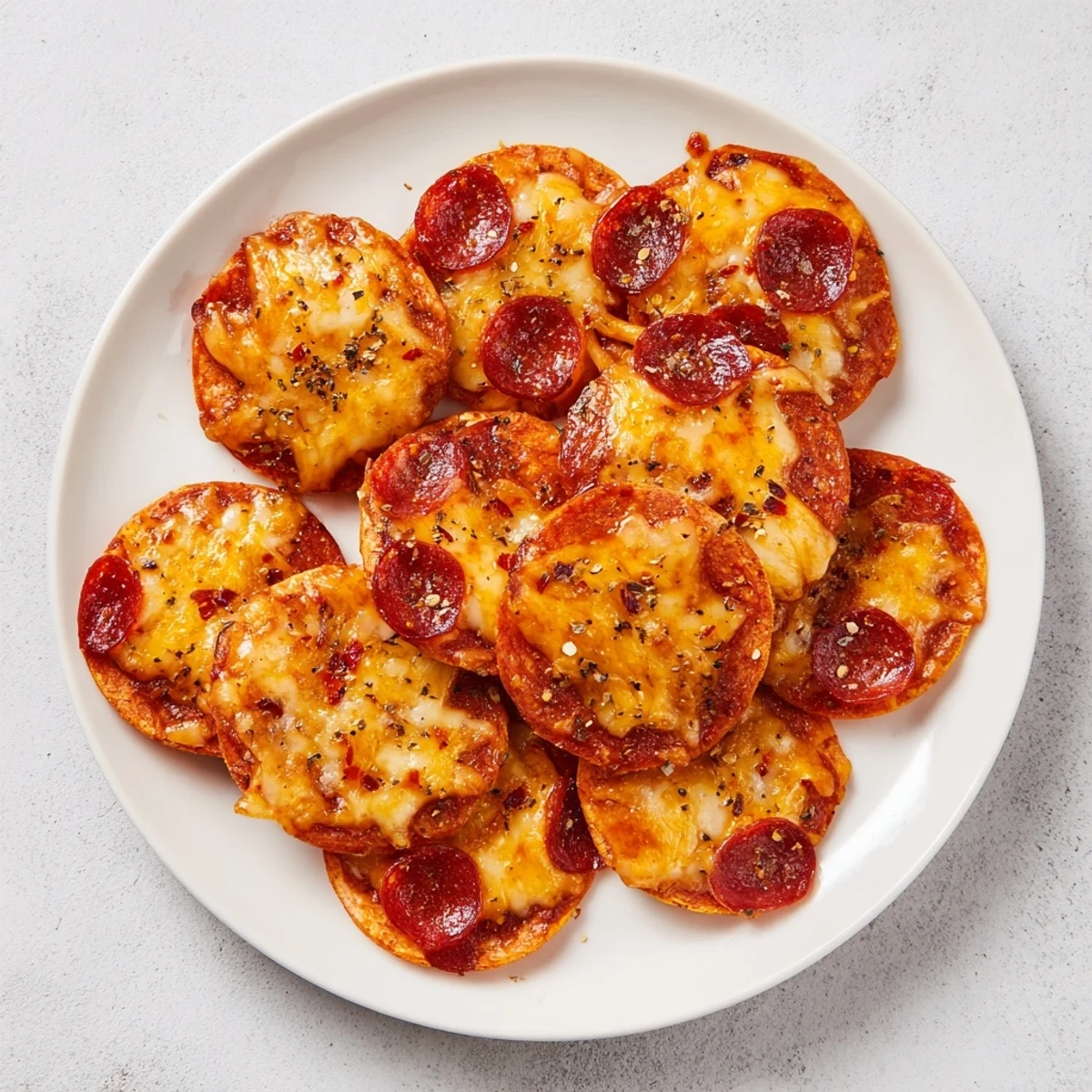 Savory low-carb pepperoni cheese chips arranged on a white serving plate with optional Italian herbs