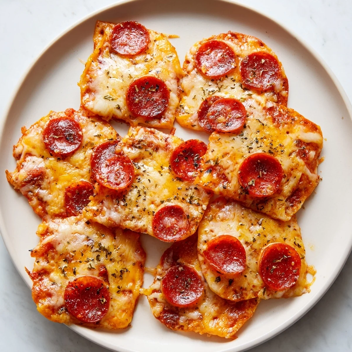 Crunchy baked pepperoni cheese chips featuring golden edges and gooey cheese topping ready for snacking