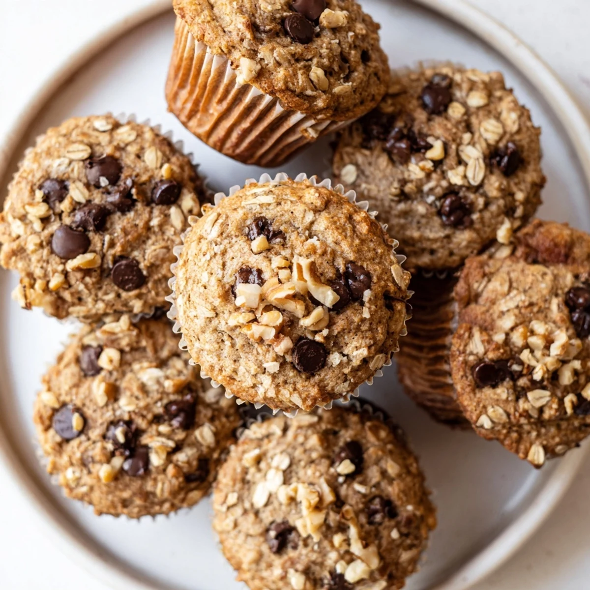 Batch of moist banana oatmeal muffins with visible banana chunks and walnuts
