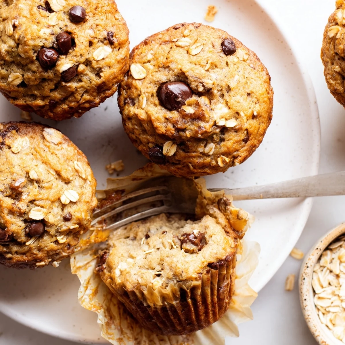 Golden banana chocolate chip muffins with oats on a wire cooling rack, featuring melty chocolate chips and a rustic oat-speckled crumb
