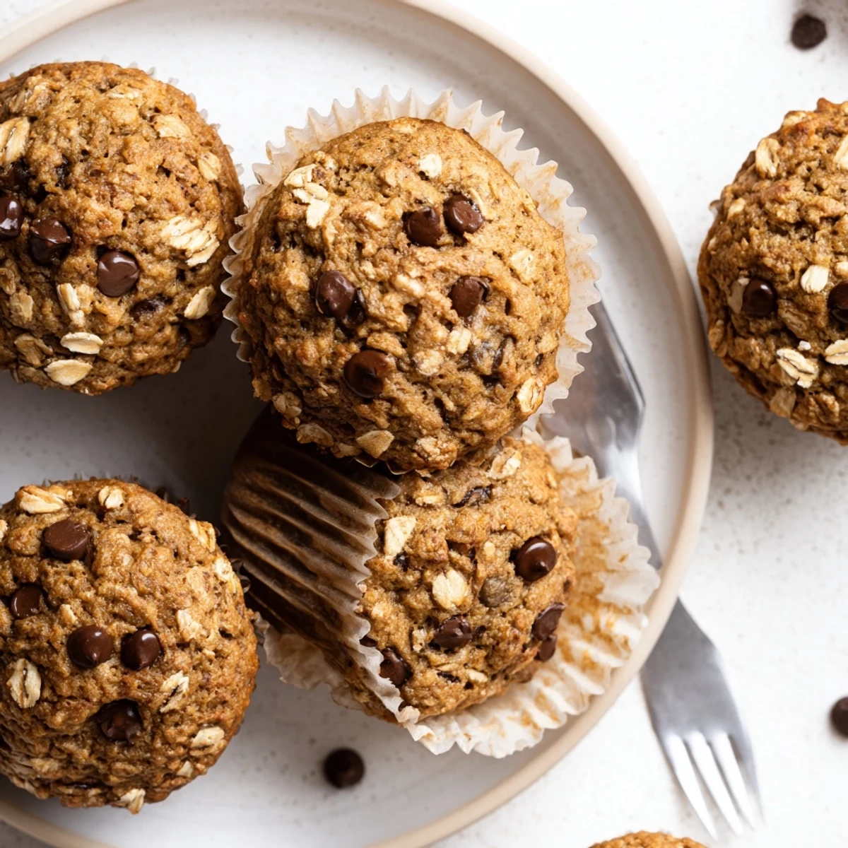 Freshly baked banana chocolate chip muffins with oats displayed in a paper-lined muffin tin, their domed tops dotted with sweet chocolate chips
