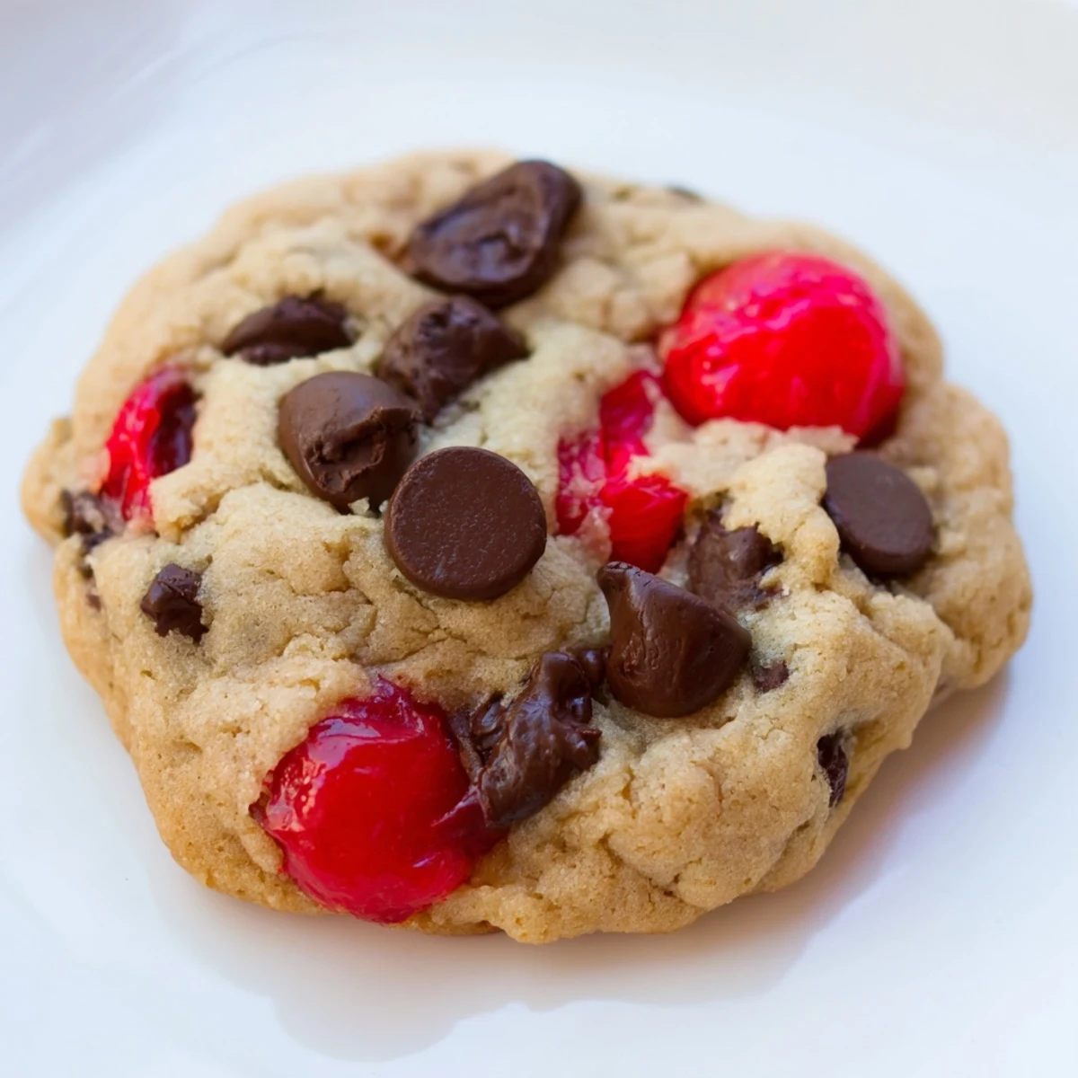 Freshly baked maraschino cherry chocolate chip cookies cooling on wire rack with gooey chocolate centers