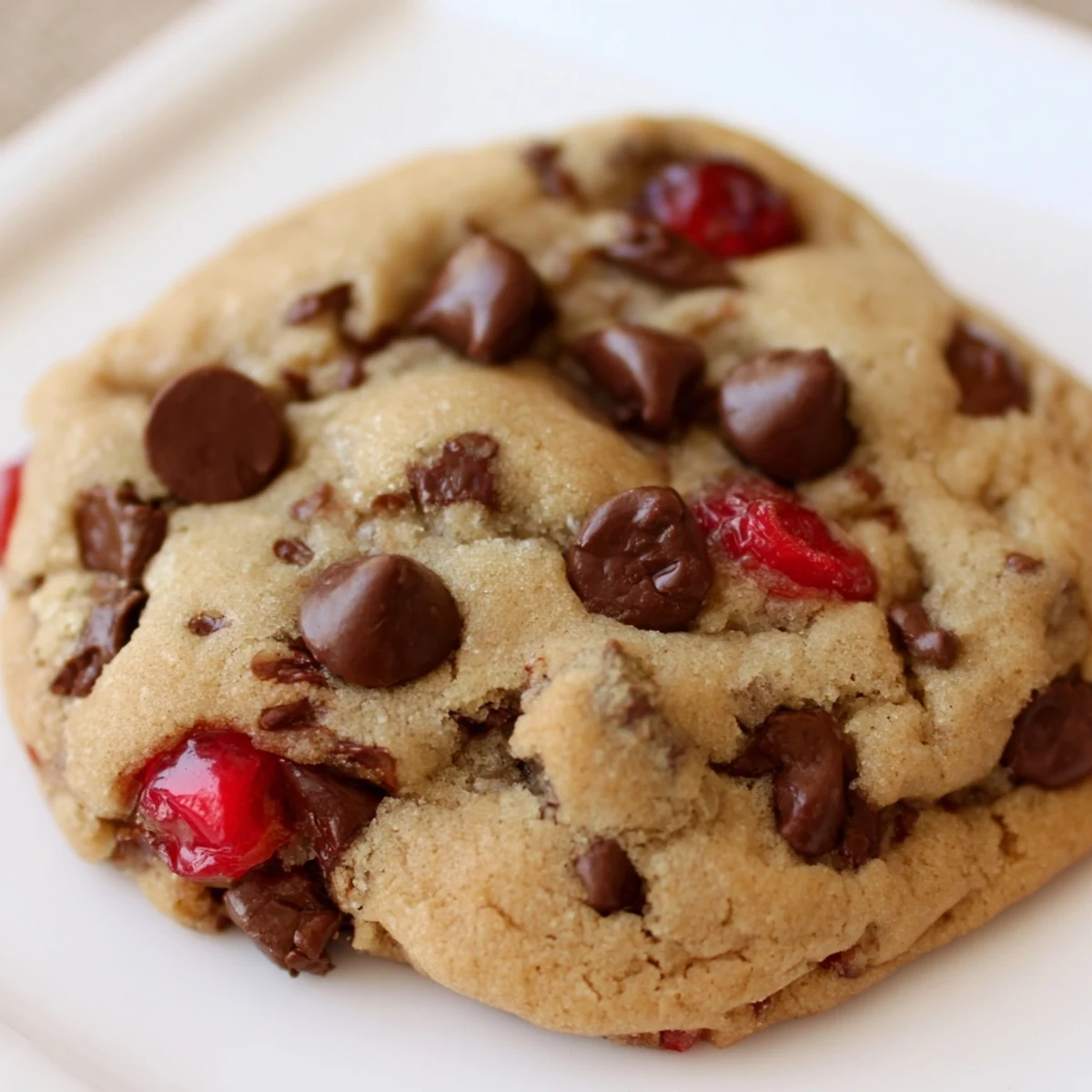 Soft golden maraschino cherry chocolate chip cookies with melty chips and bright red cherry pieces