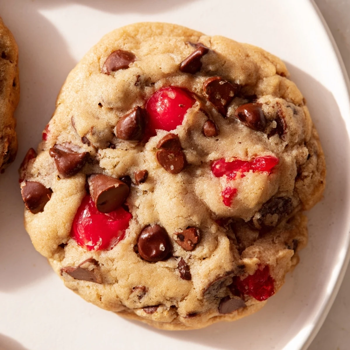 Close-up of chewy maraschino cherry chocolate chip cookies showing scattered cherries and chocolate chunks throughout