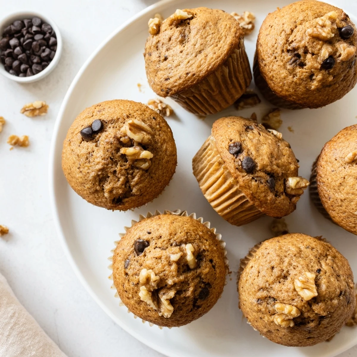 Freshly baked healthy banana nut muffins with golden tops and scattered walnut pieces on a paper-lined muffin tin