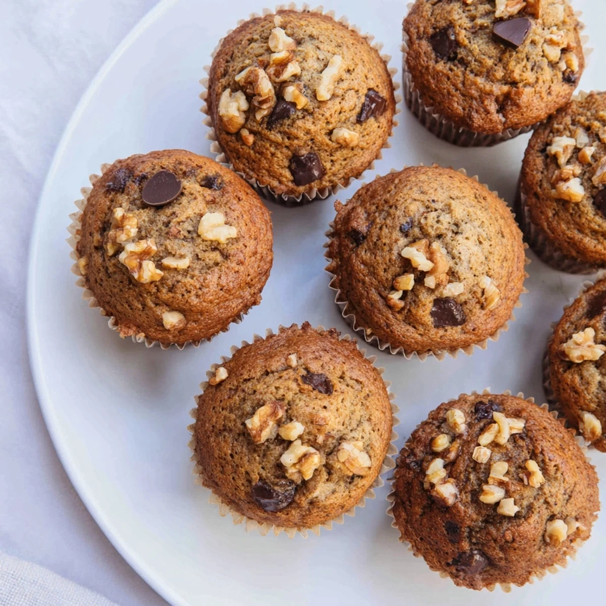 A batch of twelve healthy banana nut muffins rising perfectly in the pan with crunchy nut topping and tender crumb
