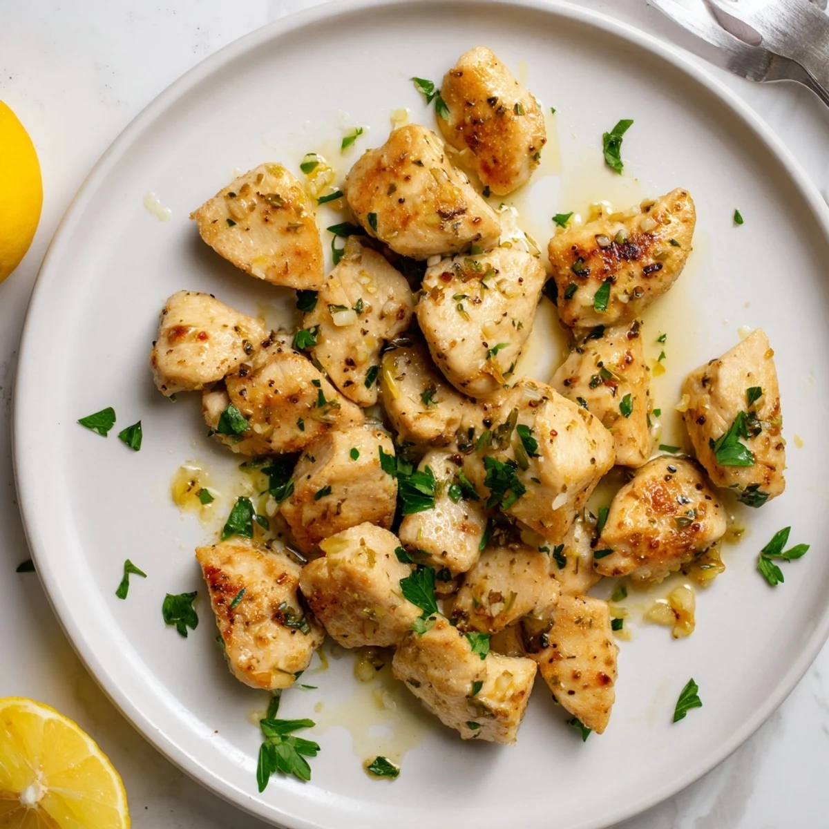 Tender pieces of chicken sizzling in a rich buttery garlic sauce with herbs