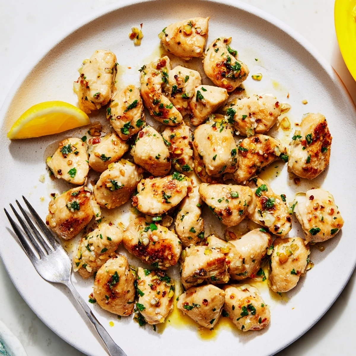 Juicy chicken bites coated in savory garlic butter sauce served on a white plate