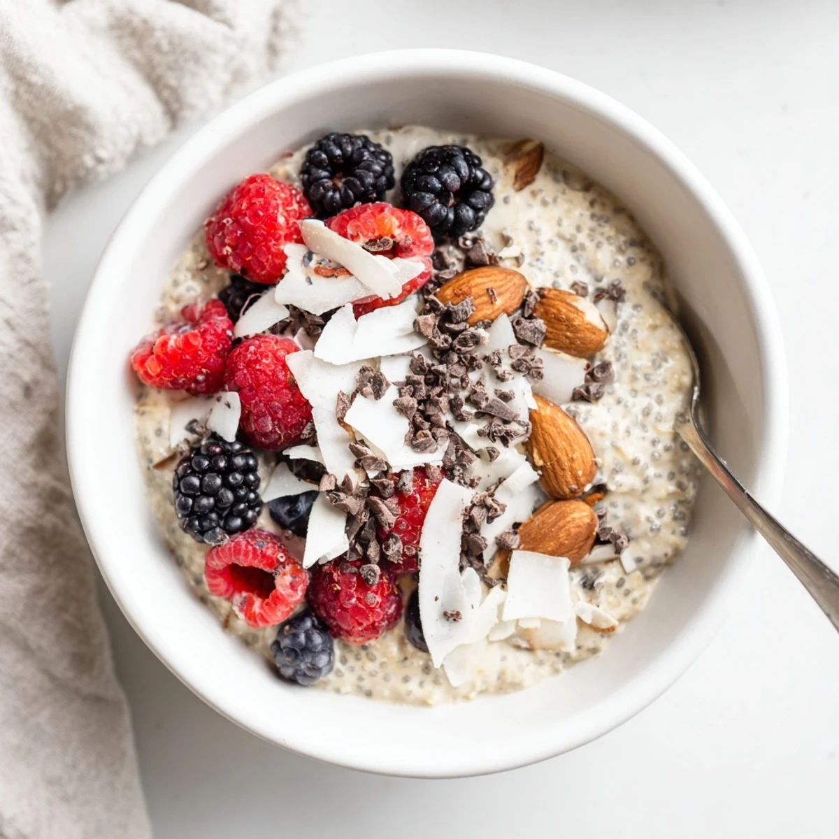 Creamy chia pudding recipes topped with fresh colorful berries in glass jars