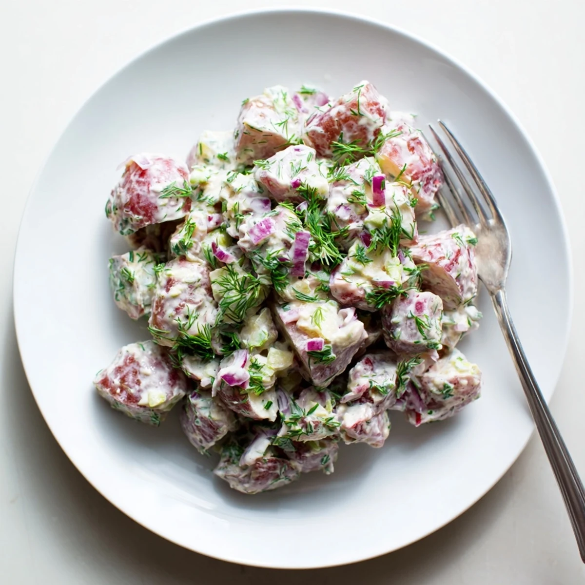 Creamy red potato salad with tender potatoes, crisp celery, and tangy herb dressing