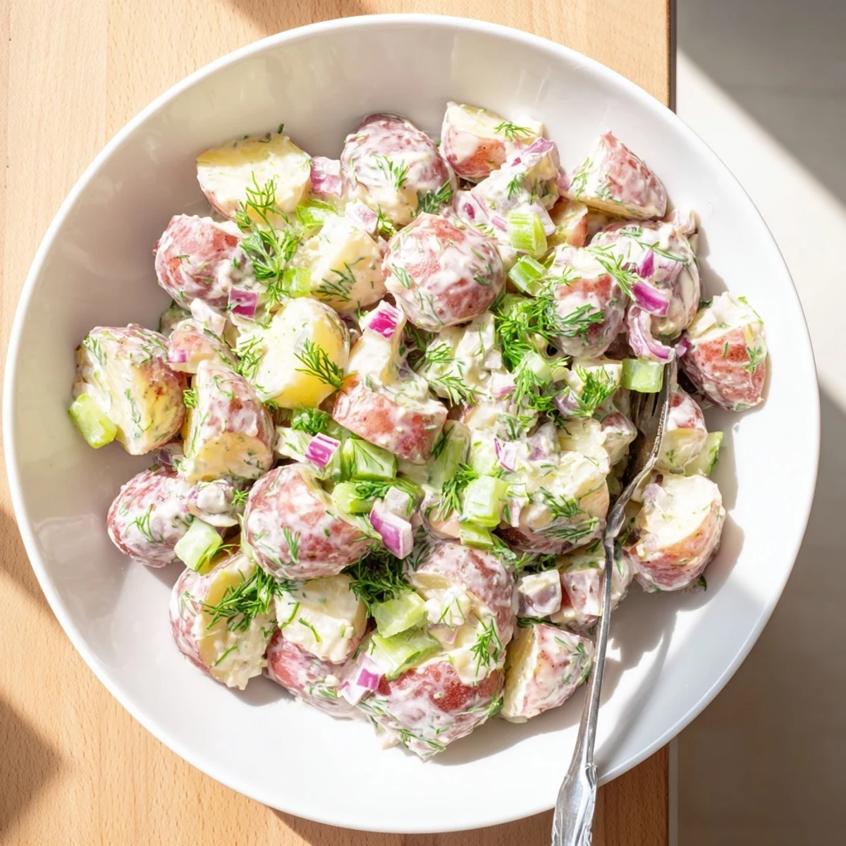 Hearty red potato salad featuring cubed red potatoes in a smooth, spiced mayonnaise dressing