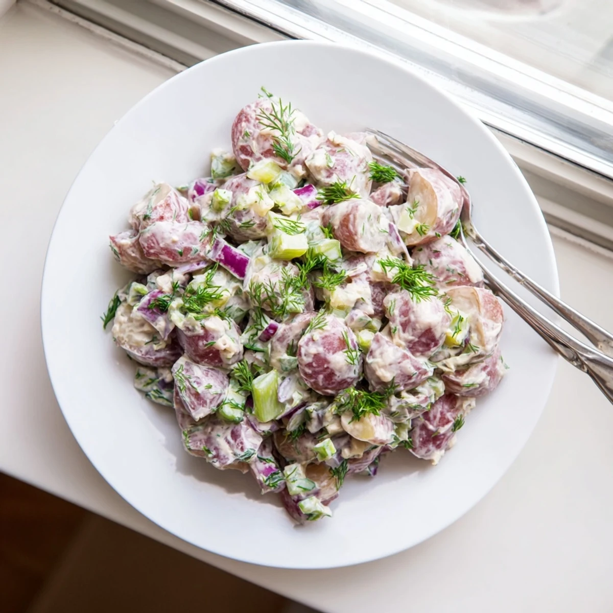 Vibrant red potato salad bowl topped with fresh parsley and creamy mustard dressing