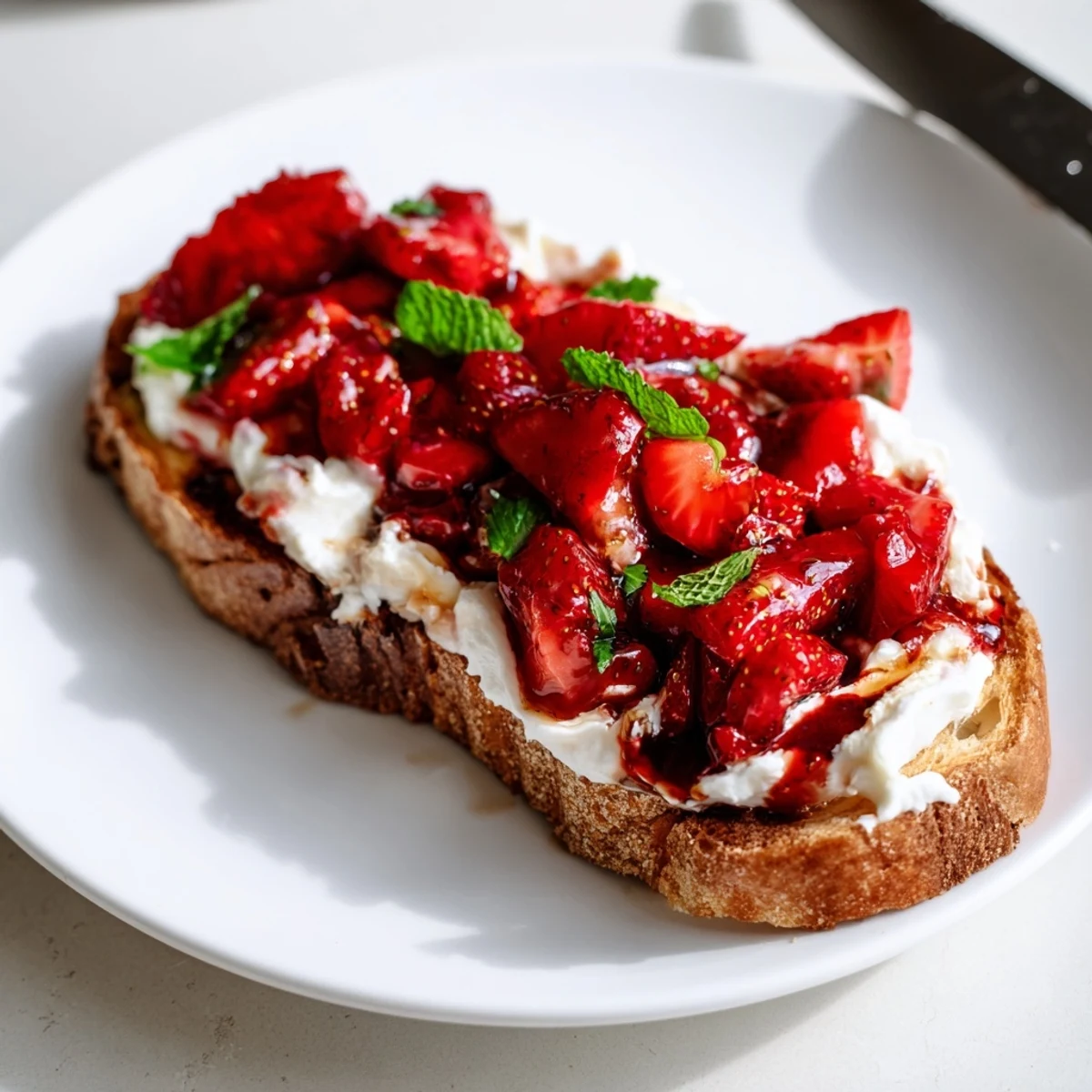 Golden toast topped with fluffy whipped ricotta and sweet roasted strawberries drizzled with honey