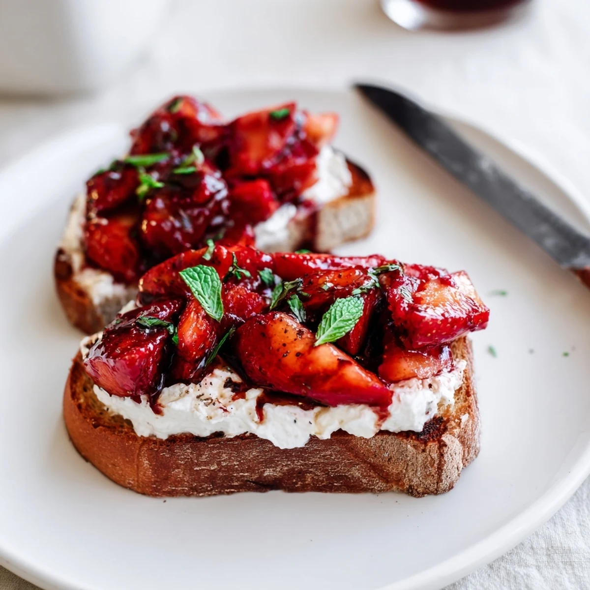 Creamy whipped ricotta spread on crispy sourdough topped with juicy balsamic roasted strawberries