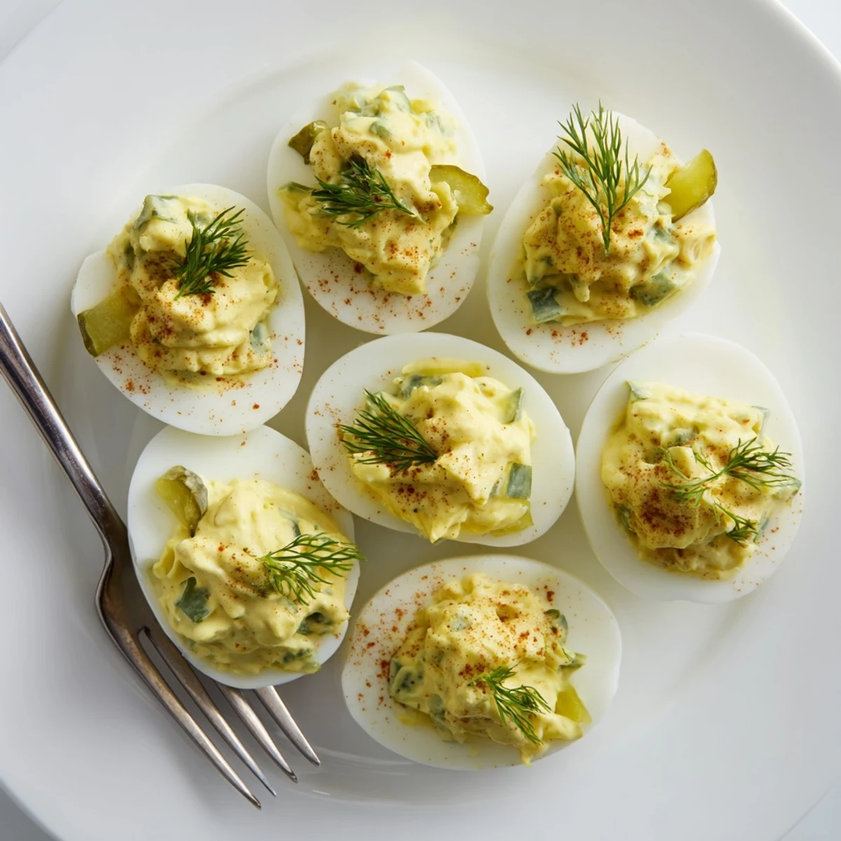 Creamy dill pickle deviled eggs garnished with fresh herbs and smoked paprika on white platter