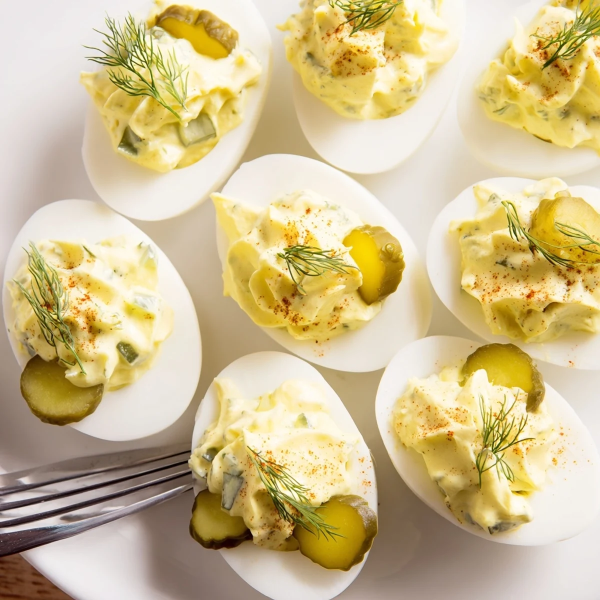 Golden deviled eggs topped with bright green dill and crunchy pickle slices for party appetizer