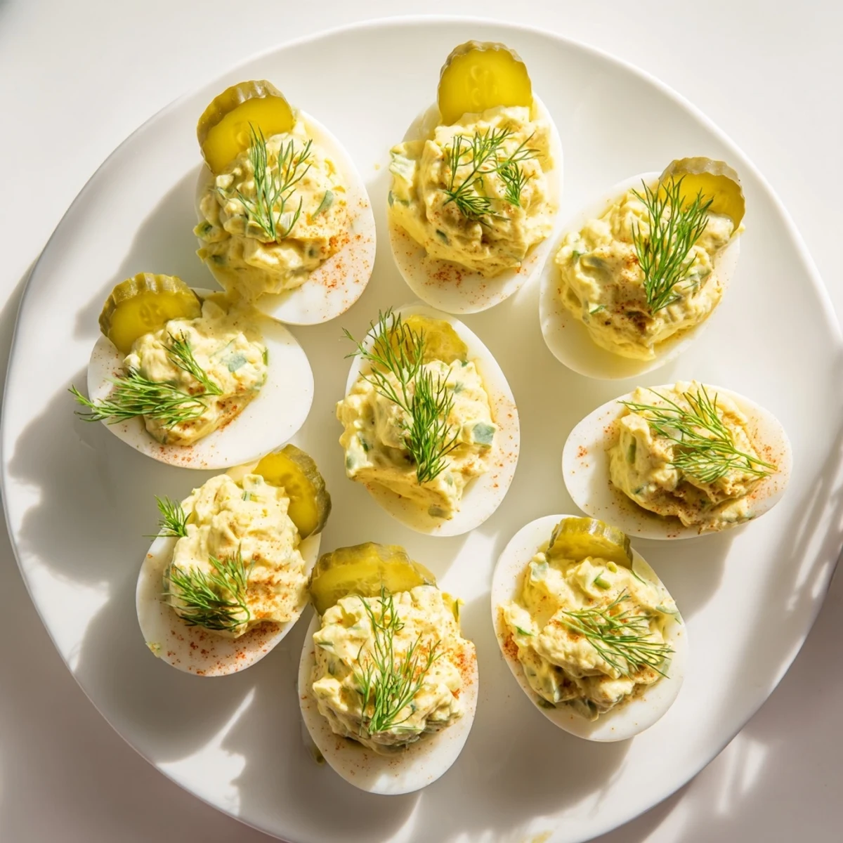 Classic deviled eggs filled with tangy pickle mixture and sprinkled with fresh dill sprigs