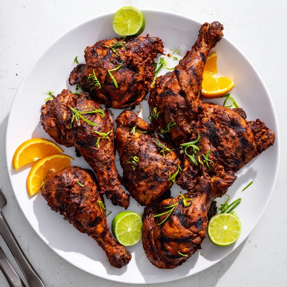 Plate of authentic Jamaican Jerk Chicken served with vibrant Caribbean garnishes and citrus wedges