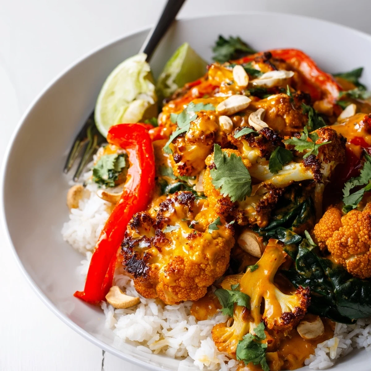 Roasted Cauliflower Red Curry Rice steaming over jasmine rice, fragrant coconut-lime aroma