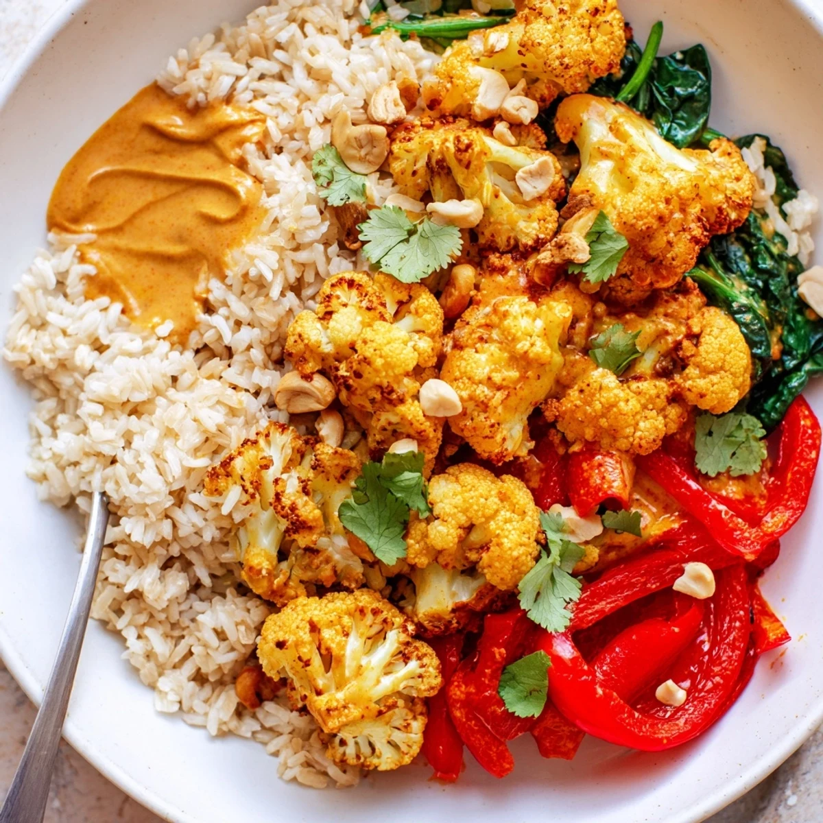Family-style Roasted Cauliflower Red Curry Rice garnished with cilantro, lime wedge