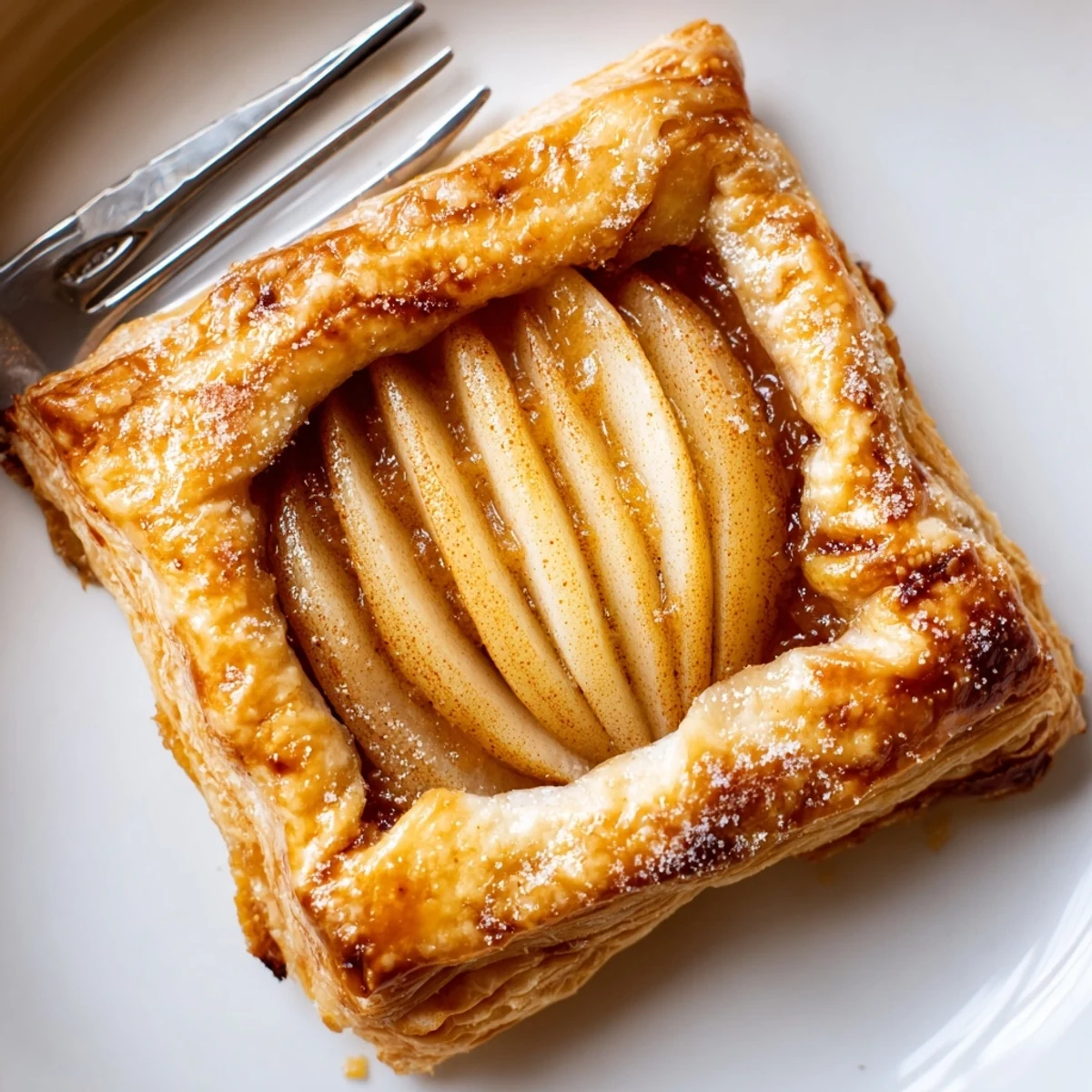 Warm Pear Puff Pastry Recipe topped with toasted almonds and melting vanilla ice cream