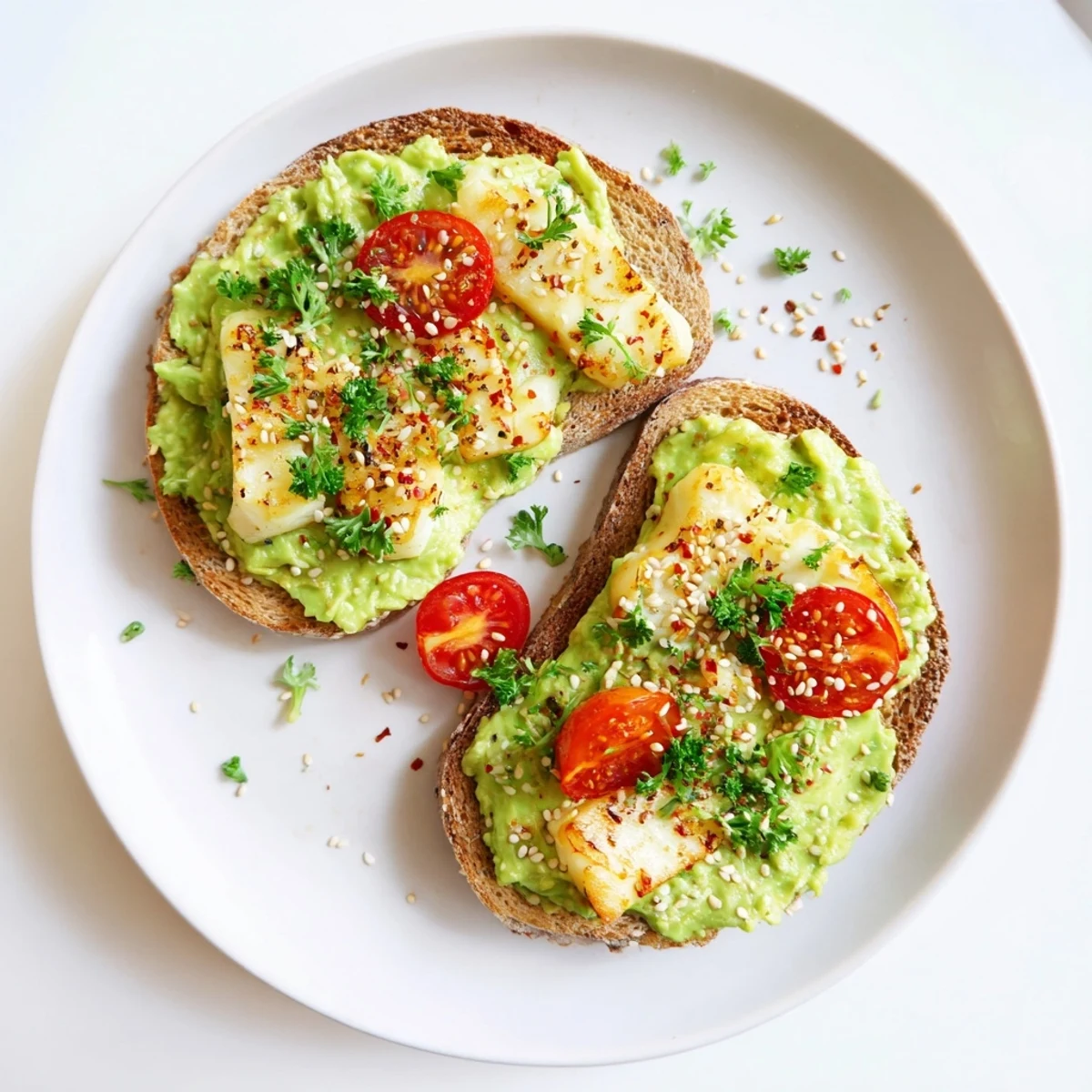 Crispy Halloumi Avocado Toast Recipe served warm on golden sourdough with herbs