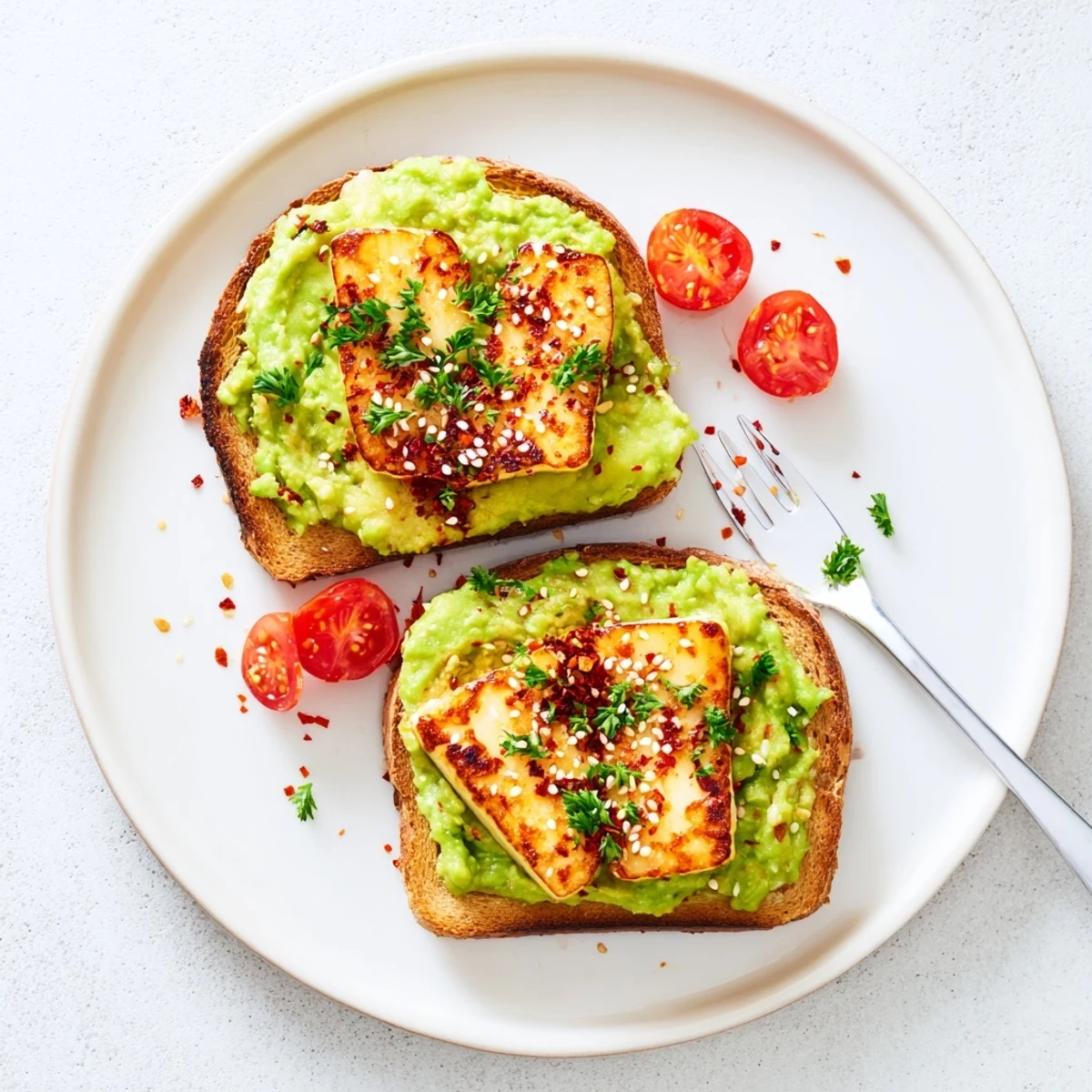 Bright Crispy Halloumi Avocado Toast Recipe, perfect brunch bite alongside fresh orange juice