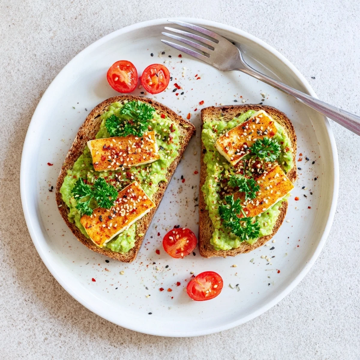 Showcasing Crispy Halloumi Avocado Toast Recipe topped with crushed red pepper and tomatoes
