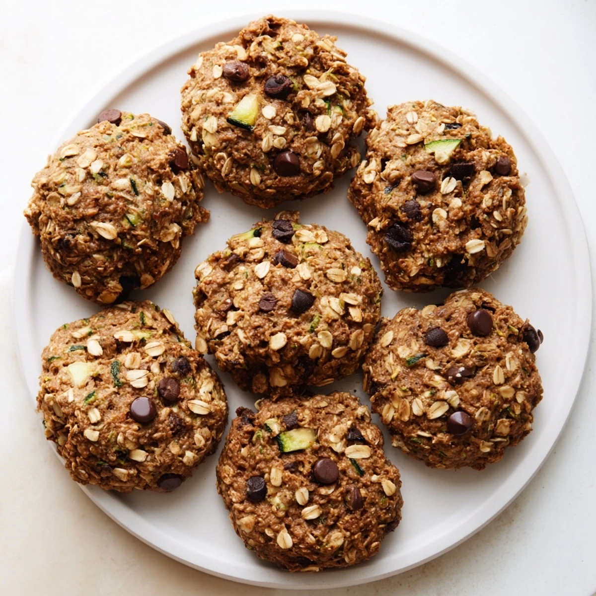 Golden brown zucchini bread breakfast cookies studded with chopped walnuts and raisins on a wire cooling rack
