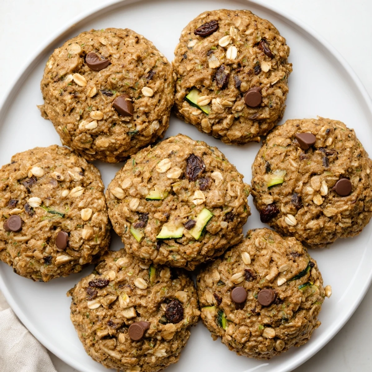 Soft wholesome oat breakfast cookies with grated zucchini and cinnamon, freshly baked on parchment paper