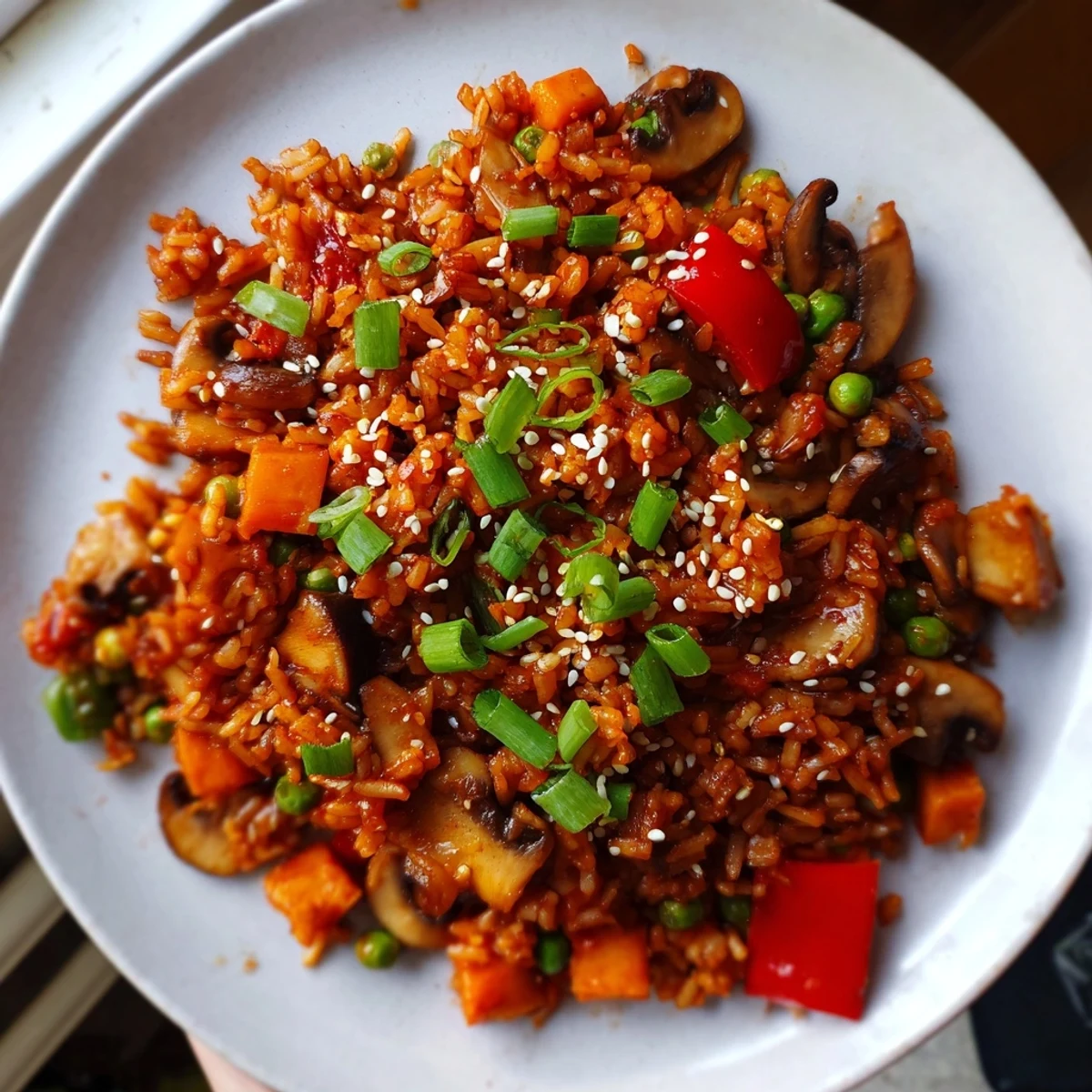 Colorful vegan gochujang fried rice in a white bowl topped with sesame seeds and fresh green onions